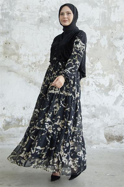 Desenli Kadife Cepkenli Siyah Şifon Elbise