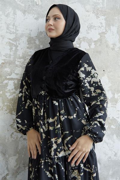 Desenli Kadife Cepkenli Siyah Şifon Elbise