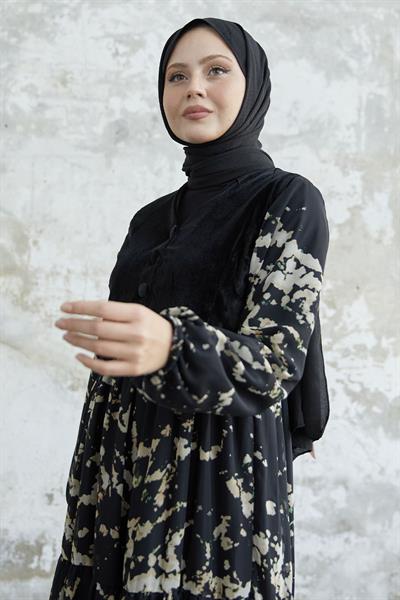 Desenli Kadife Cepkenli Siyah Şifon Elbise