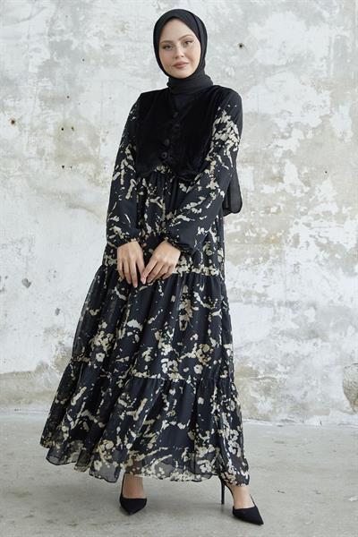 Desenli Kadife Cepkenli Siyah Şifon Elbise