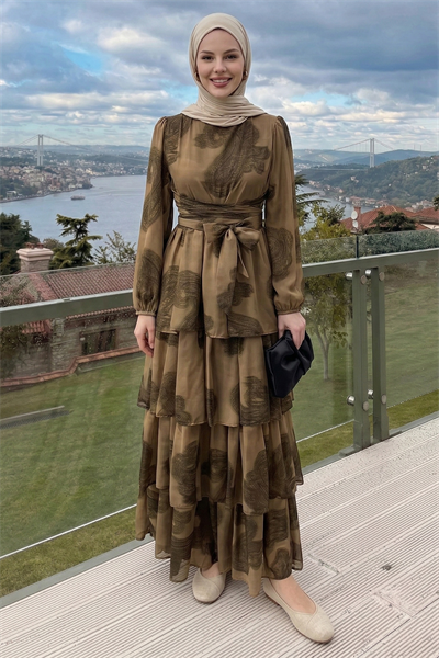 Desenli Kat Kat Camel Şifon Elbise