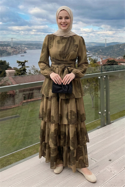 Desenli Kat Kat Camel Şifon Elbise