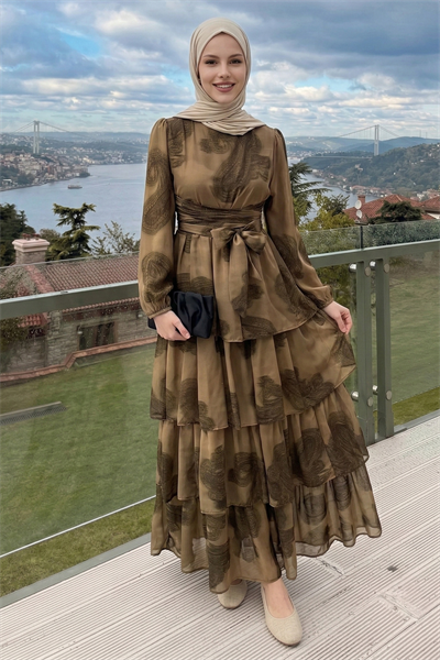 Desenli Kat Kat Camel Şifon Elbise