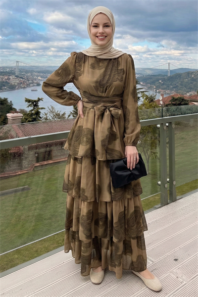 Desenli Kat Kat Camel Şifon Elbise