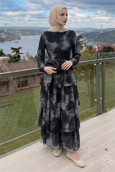 Desenli Kat Kat Füme Şifon Elbise