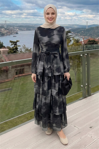 Desenli Kat Kat Füme Şifon Elbise