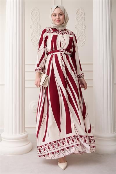 Desenli Kemerli Kırmızı Viskon Elbise