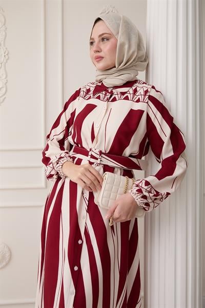 Desenli Kemerli Kırmızı Viskon Elbise