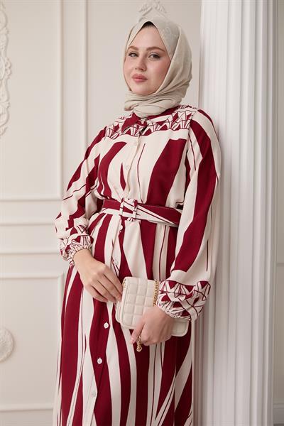 Desenli Kemerli Kırmızı Viskon Elbise