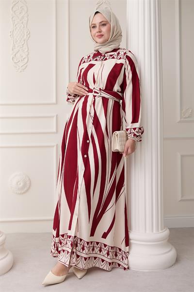 Desenli Kemerli Kırmızı Viskon Elbise