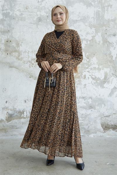 Desenli Kruvaze Yaka Kahverengi Şifon Elbise