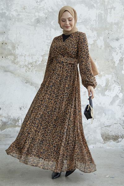 Desenli Kruvaze Yaka Kahverengi Şifon Elbise