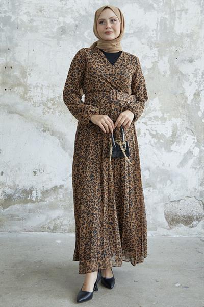 Desenli Kruvaze Yaka Kahverengi Şifon Elbise