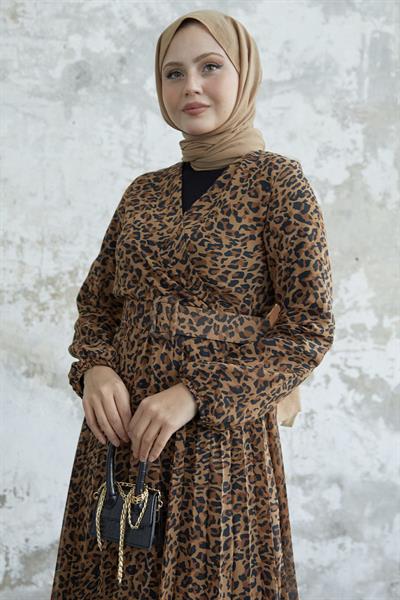 Desenli Kruvaze Yaka Kahverengi Şifon Elbise
