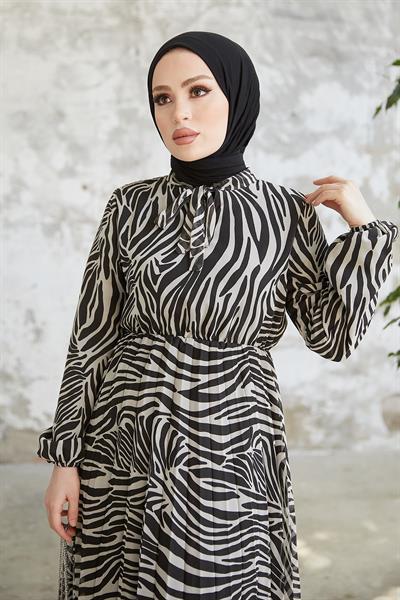 Desenli Lenda Şifon Elbise - Ekru