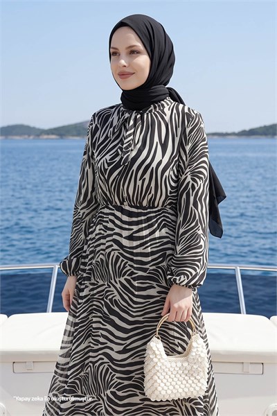 Desenli Lenda Şifon Elbise - Ekru