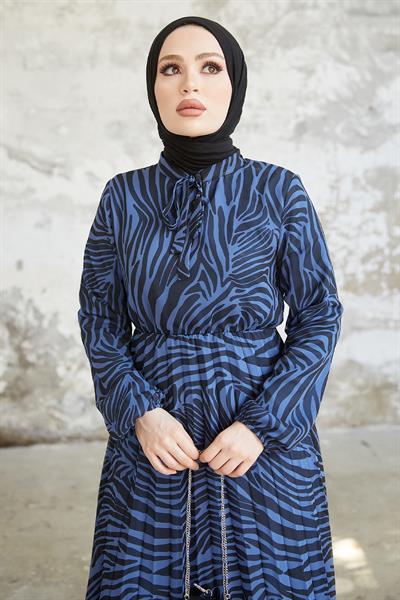 Desenli Lenda Şifon Elbise - Lacivert