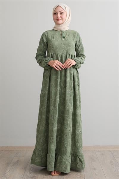 Desenli Püsküllü Brode Mint Elbise