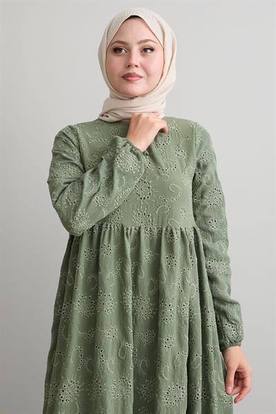 Desenli Püsküllü Brode Mint Elbise