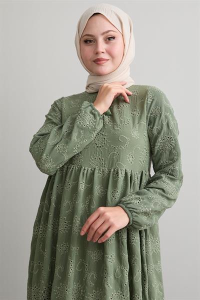 Desenli Püsküllü Brode Mint Elbise