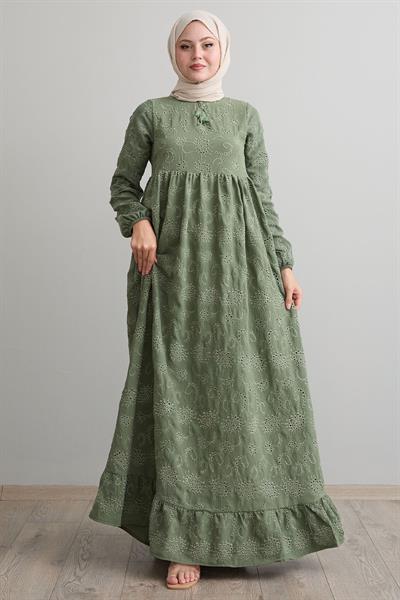 Desenli Püsküllü Brode Mint Elbise