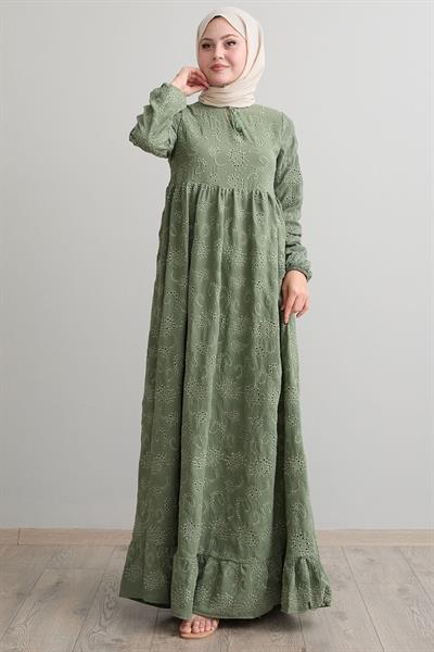 Desenli Püsküllü Brode Mint Elbise