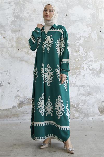 Desenli Yeşil Viskon Elbise