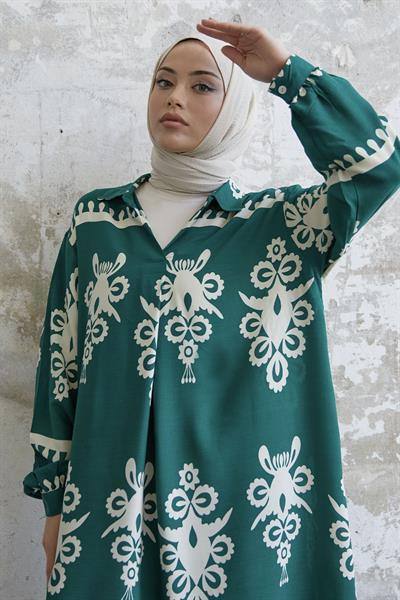 Desenli Yeşil Viskon Elbise