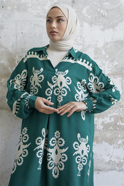 Desenli Yeşil Viskon Elbise