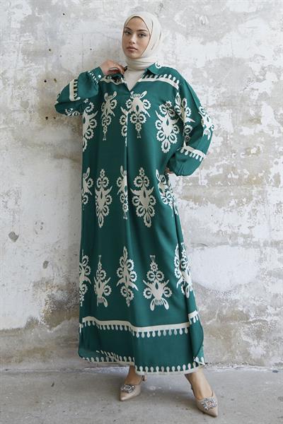 Desenli Yeşil Viskon Elbise