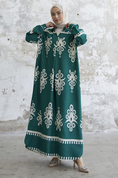 Desenli Yeşil Viskon Elbise