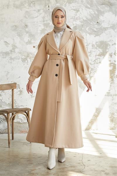 Diana Balon Kol Kuşaklı Kaşe Kaban - Bej