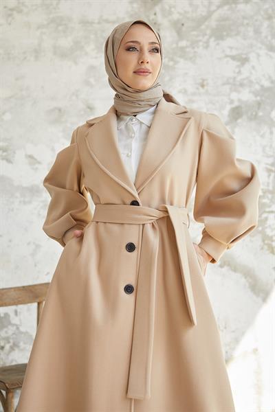 Diana Balon Kol Kuşaklı Kaşe Kaban - Bej