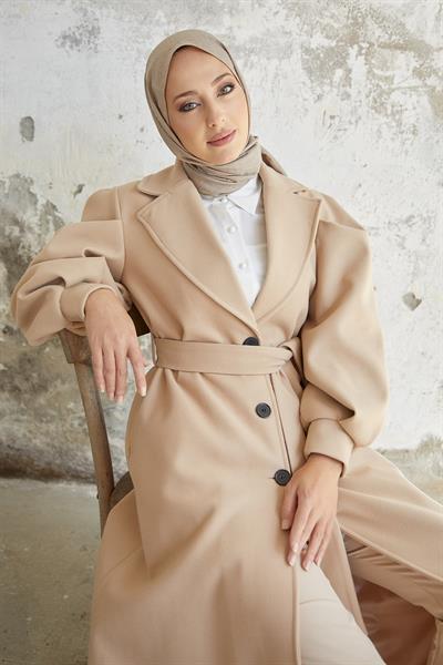 Diana Balon Kol Kuşaklı Kaşe Kaban - Bej