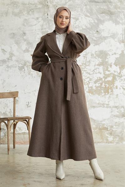 Diana Balon Kol Kuşaklı Kaşe Kaban - Kahverengi