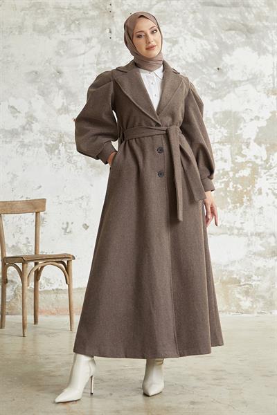 Diana Balon Kol Kuşaklı Kaşe Kaban - Kahverengi