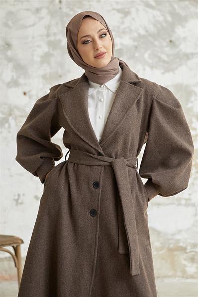 Diana Balon Kol Kuşaklı Kaşe Kaban - Kahverengi