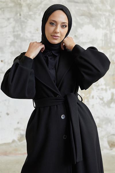 Diana Balon Kol Kuşaklı Kaşe Kaban - Siyah