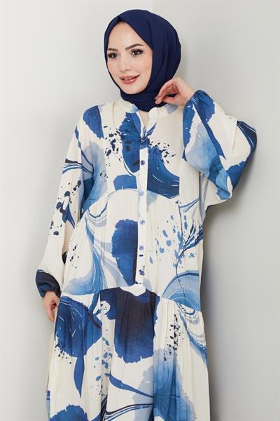 Dijital Baskı Desen Viskon Elbise Mavi