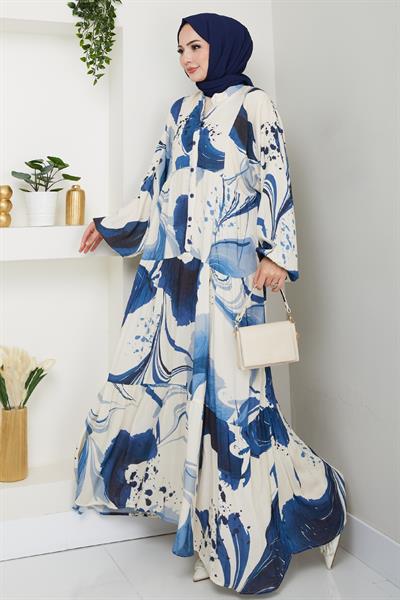 Dijital Baskı Desen Viskon Elbise Mavi