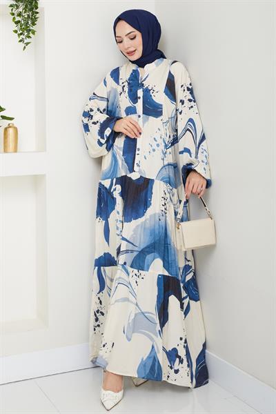 Dijital Baskı Desen Viskon Elbise Mavi