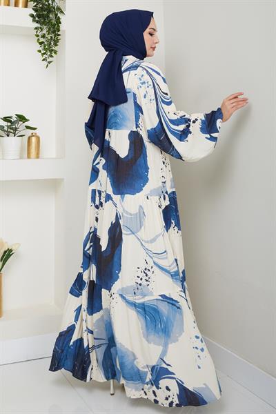 Dijital Baskı Desen Viskon Elbise Mavi