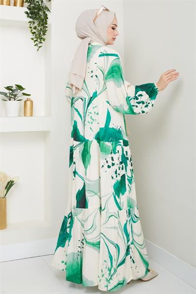 Dijital Baskı Desen Viskon Elbise Yeşil