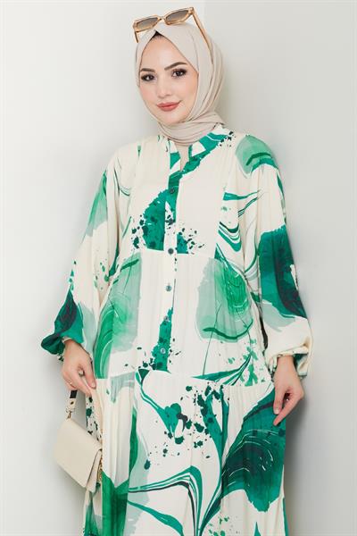 Dijital Baskı Desen Viskon Elbise Yeşil