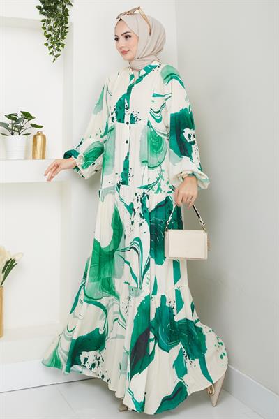 Dijital Baskı Desen Viskon Elbise Yeşil