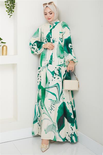 Dijital Baskı Desen Viskon Elbise Yeşil