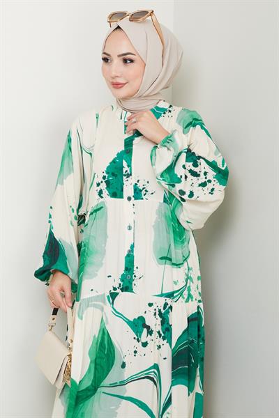 Dijital Baskı Desen Viskon Elbise Yeşil