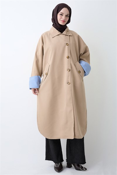 Dik Yaka Astarlı Bej Trençkot
