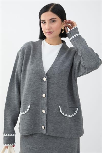 Dikiş Detay Etekli Antrasit Triko Takım