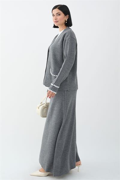 Dikiş Detay Etekli Antrasit Triko Takım